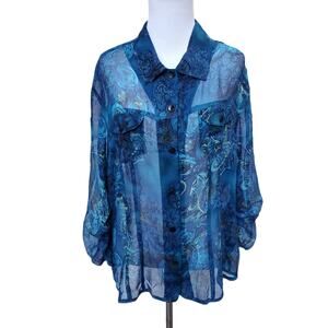 Chico's Blue Floral Sheer Silk Button Down Blouse Ruched Sleeve Chicos 3 XL 16